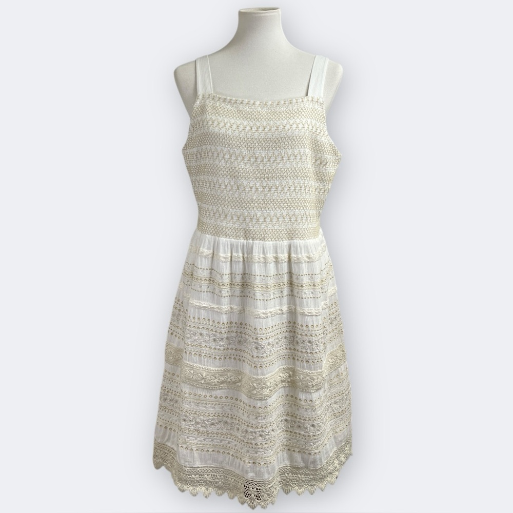 J. Jill White Cream Stretch Sleeveless Embroidered Crochet Lace Dress, sz Large